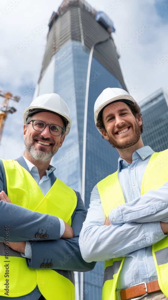 Obraz premium Vertical: Business partners and engineers in reflective vests, smiling warmly while standing on high-rise site with skyline view,
