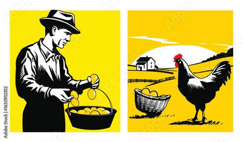 Farmer Collecting Eggs with Chicken in Yellow Graphic Illustration