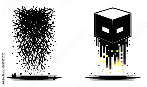 Abstract Cartoon Design Featuring Mysterious Shapes and Figures
