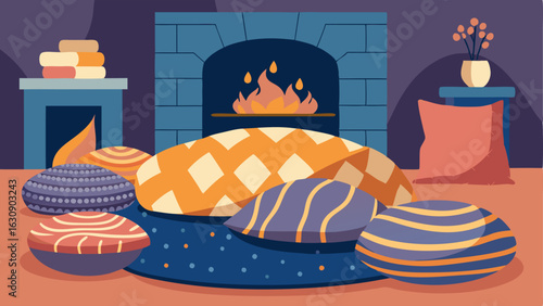 A pile of patterned floor pillows creates a cozy seating area in front of a fireplace perfect for intimate conversations or gatherings.