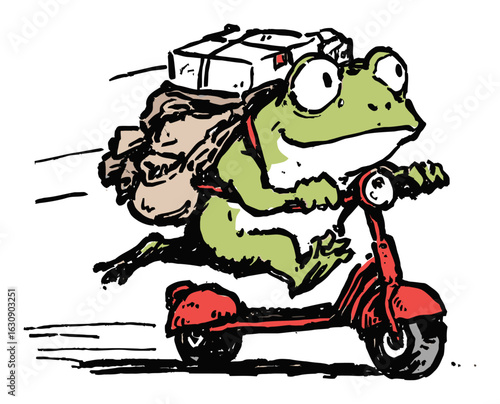Playful Frog Riding Scooter with Backpack and Delivery Package Illustration