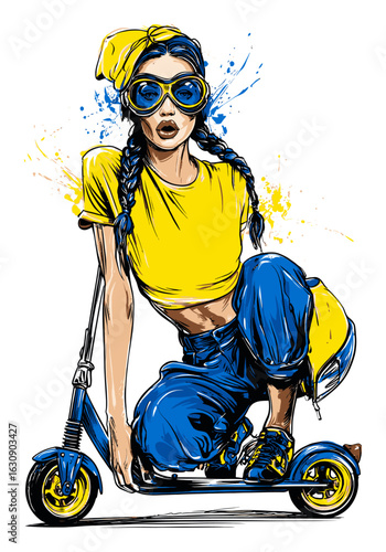 Stylish Hand-Drawn Illustration of a Girl on a Scooter in Bold Colors
