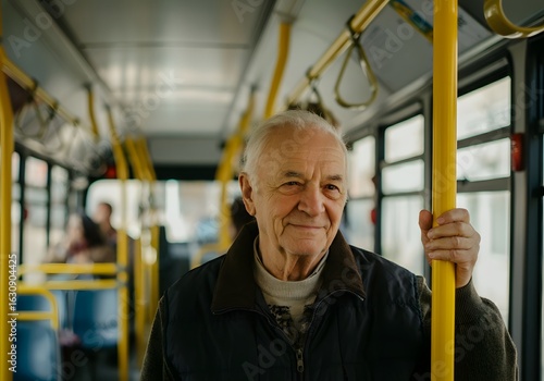 A smiling senior man holding onto a yellow pole while riding on a public transportation bus inside