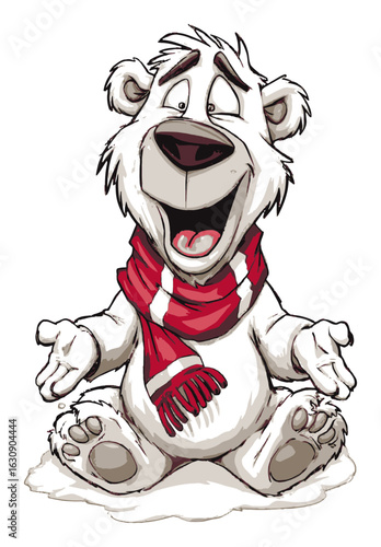 Happy Cartoon Polar Bear Sitting with Red Scarf in Hand-Drawn Style