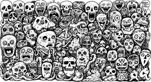 Chaotic Monochrome Horde: A dense, detailed black and white illustration teeming with screaming skulls, grotesque monsters, and unsettling faces.