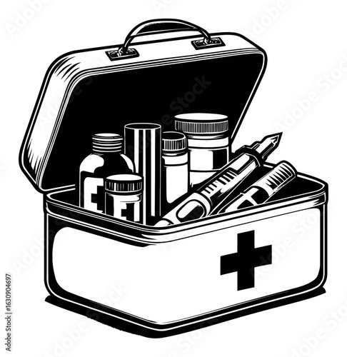 Vintage First Aid Kit with Medicine Bottles and Medical Supplies Engraving