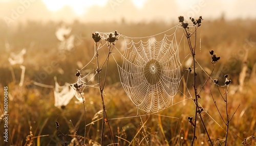 Dew-kissed spiderweb in a field at dawn