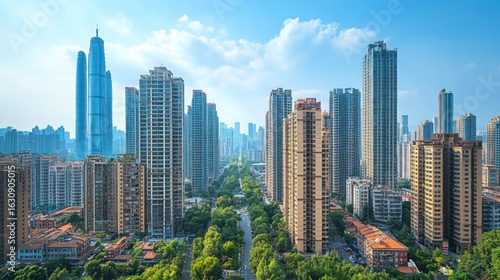 a vibrant cityscape panorama showcasing towering skyscrapers against a clear blue sky with fluffy clouds emphasizing the harmony between urban architecture and nature's beauty