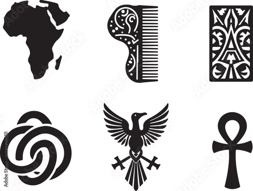 Explore diverse cultural symbols: Africa, comb, amulet, knot, eagle, ankh