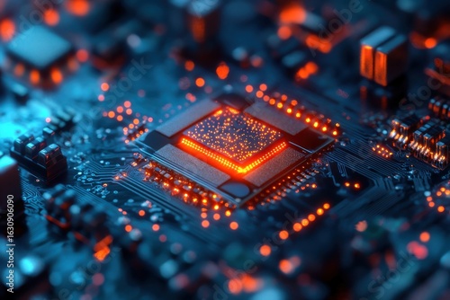 A close up shot of a computer chip with orange lights on a blue circuit board in a dark setting