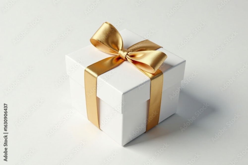 Fototapeta premium Luxury white gift box tied with a golden ribbon bow, clean background , celebration, celebration
