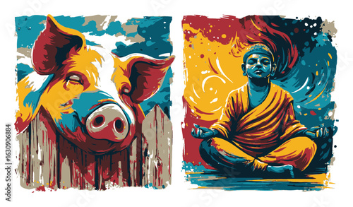Colorful Abstract Illustration of a Pig and a Meditating Figure