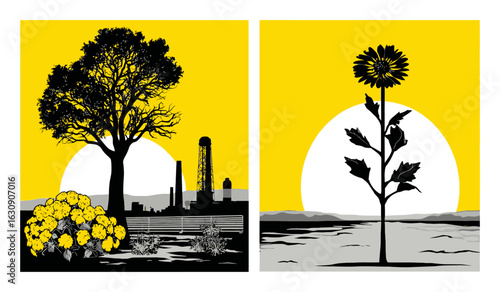 Contrast Between Nature and Industry in Black and Yellow Vector Illustration