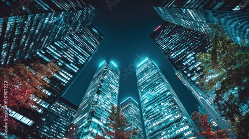 Night view upwards between towering skyscrapers, their lights reflected in dark windows