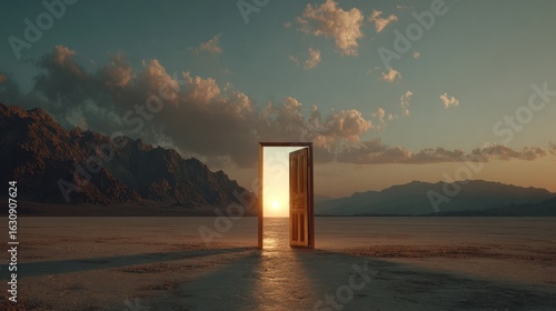 Open door in desert leading to light with mountains and sunset, surreal, open
