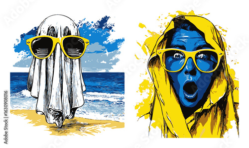 Unique Hand-Drawn Ghost and Blue Face Illustration with Sunglasses
