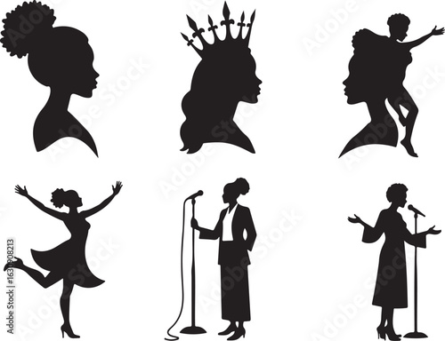 Inspiring silhouettes of women: queen, dancer, speaker, performer, professional.