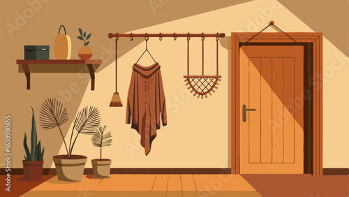A hallway with a handforged iron coat rack and a handmade macrame wall hanging creating a warm and inviting atmosphere.
