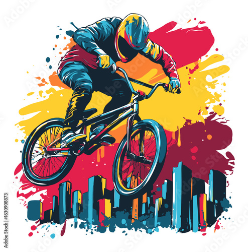 Dynamic BMX Rider in Abstract Urban Landscape Burst of Color