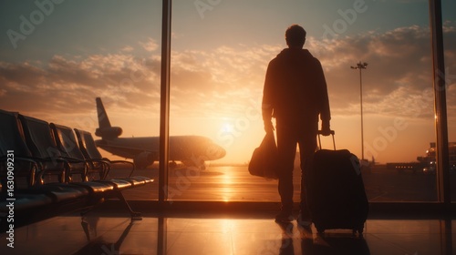 Person with luggage views a plane on the tarmac through a large airport window