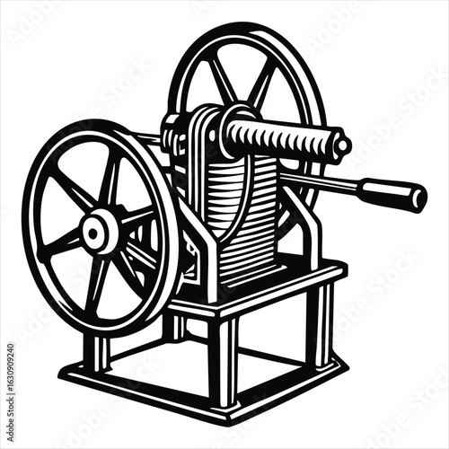 Black and white illustration of an antique mechanical winch with two wheels and a crank hoist crane