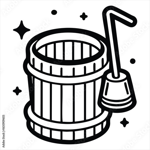 Stylized black and white drawing of a barrel press with a plunger and sparkling elements handle