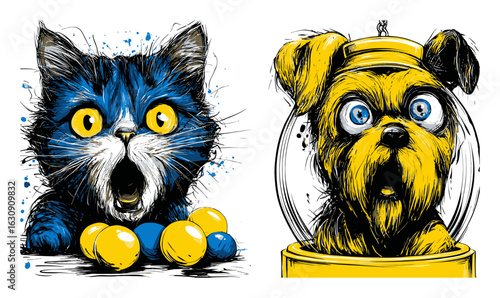 Illustrated Surprised Cat and Dog Characters in Vibrant Colors