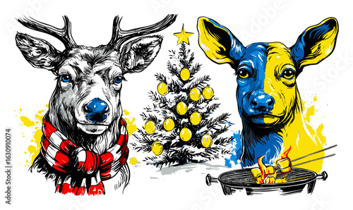 Vibrant Hand-drawn Holiday Illustration Featuring Deer and Cow Characters
