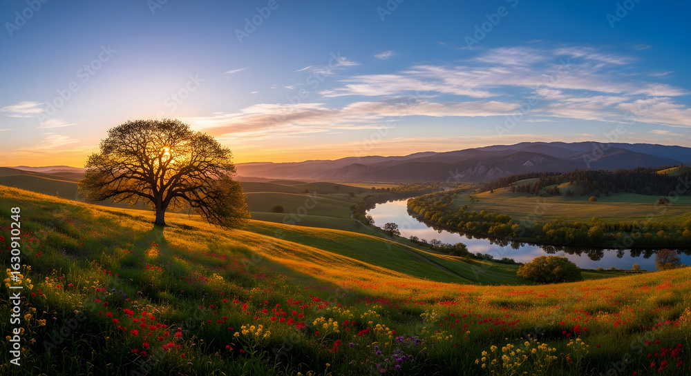 Obraz premium The golden light of a serene sunset bathes a solitary tree on a verdant hill with wildflowers, overlooking a peaceful river valley.