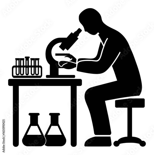 Scientist Using Microscope in Laboratory Setting Engraving Illustration