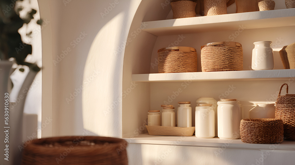 Fototapeta premium Storage solutions: Woven baskets and sleek jars organized on shelves in a brightly lit room.