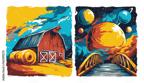 Vibrant Abstract Barn and Cosmic Landscape Illustration with Planets