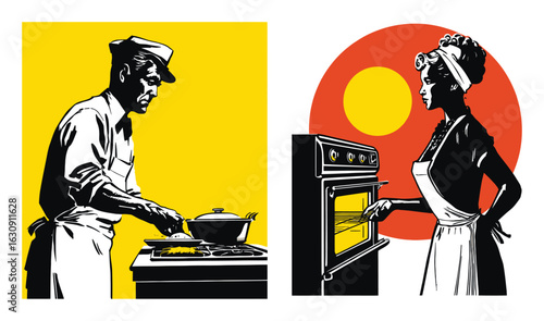 Retro Kitchen Scene with Chef and Female Cook Preparing Food