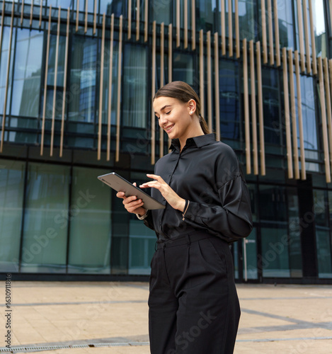 Billede på lærred Young professional engaging with tablet in modern urban setting with glass build
