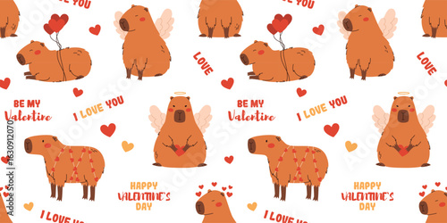 Seamless pattern with cute capybaras for Valentine's day. Flat vector illustration.