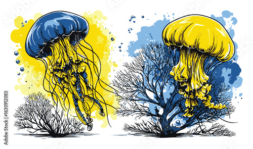 Vibrant Hand-Drawn Jellyfish Illustration with Abstract Background Art