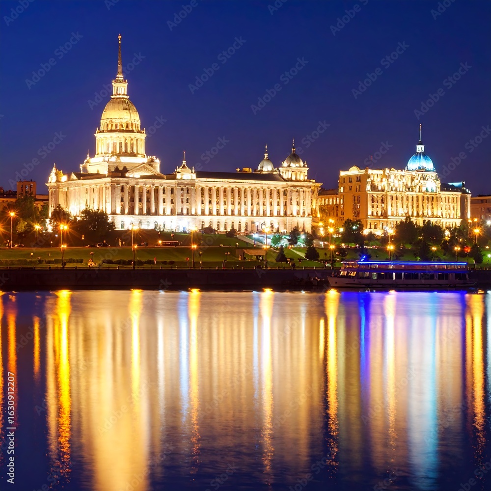 Fototapeta premium City buildings by night reflecting on water