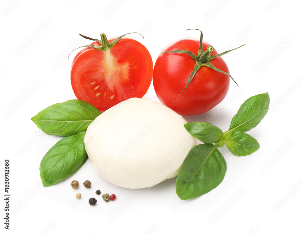 Tasty mozzarella cheese ball, tomatoes, basil and peppercorns isolated on white Tasty mozzarella cheese ball, tomatoes, basil and peppercorns isolated on white