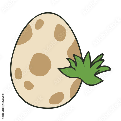 A charming cartoon illustration of a speckled dinosaur egg nestled next to a small tuft of green grass, symbolizing new beginnings and prehistoric life.