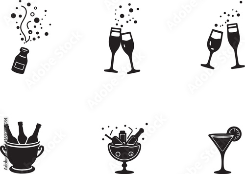 Celebrate with champagne and cocktails, festive drink icons for parties