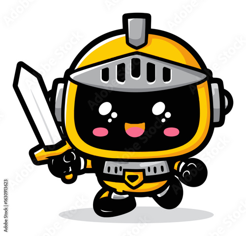Cute Cartoon Knight with Sword in Bright Yellow Armor and Cheerful Smile