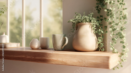 Wallpaper Mural Still life: Ceramics and greenery on a sunlit window shelf, evoking calm and natural beauty. Torontodigital.ca