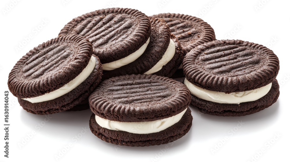 A pile of delicious chocolate sandwich cookies with creamy white filling isolated on a clean white background A pile of delicious chocolate sandwich cookies with creamy white filling isolated on a clean white background