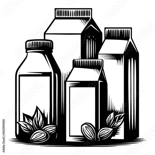Black and White Engraving of Milk Cartons and Almonds Illustration