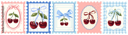 Vintage Cherry Postage Stamp Set. Pastel Summer Fruit with Bows Vector Illustration