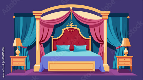 A luxurious bedroom with a four poster bed silky curtains and a tufted velvet headboard.
