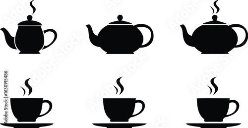 Collection of silhouette teapots and cups with steam.