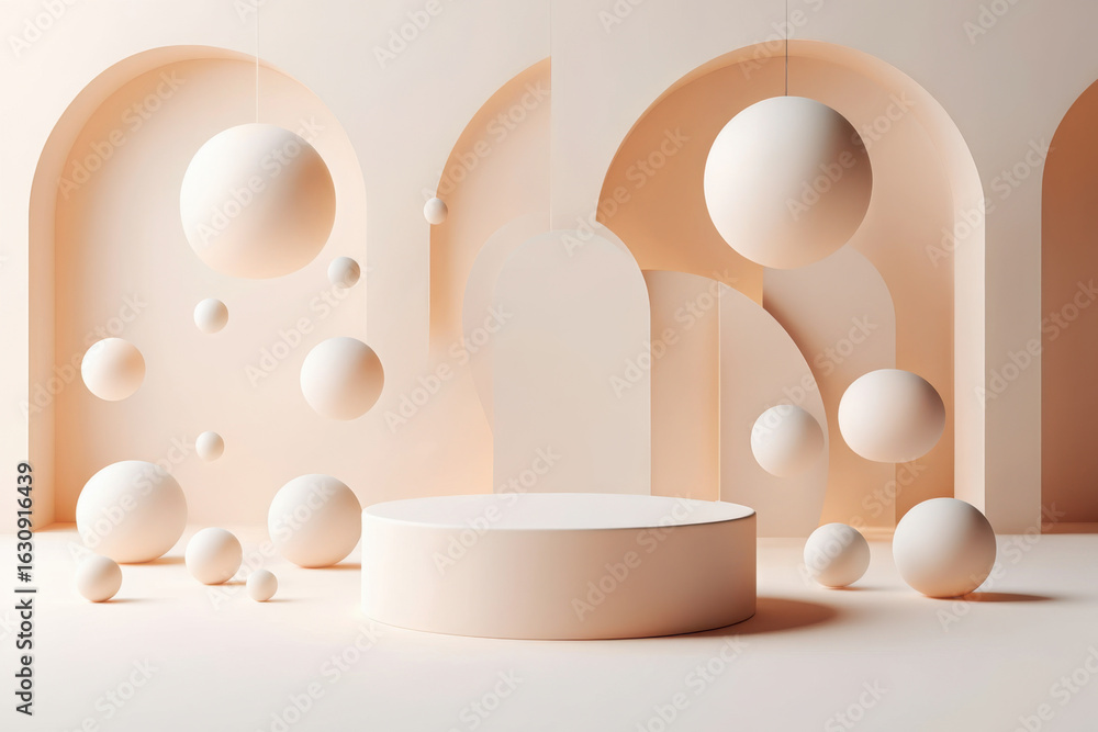 Fototapeta premium Minimalist easter egg display with arched backdrop and podium