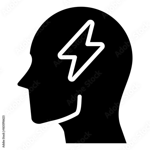 Mental Energy Glyph Black Silhouette Icon Vector Design - Human head with lightning symbol inside, indicating energy, focus, mental power, or creativity