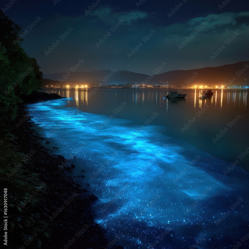 Obraz premium A stunning nighttime view of a glowing bioluminescent bay.